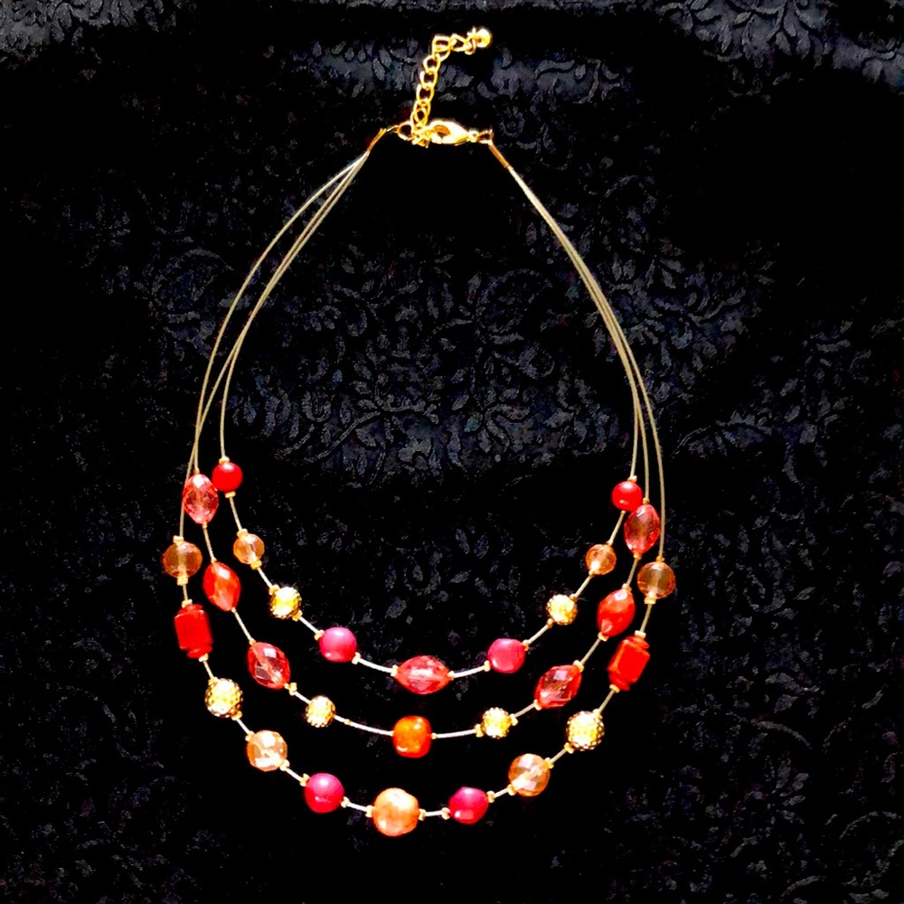 3 strand necklace pink/goldstone/coral